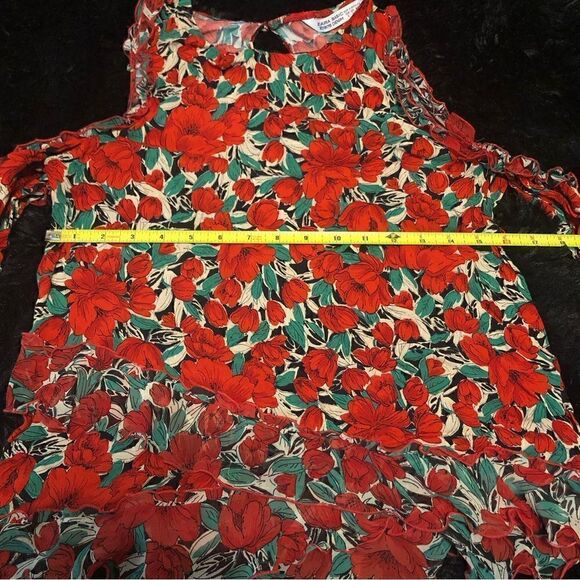 ZARA red flowers daisy print blouse shirt tee top long sleeve off shoulders sz S - Picture 9 of 10